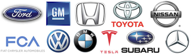 Ford, GM, Honda, Toyota, Nissan, FCA, Volkswagen, BMW, Tesla, Subaru, Mercedes